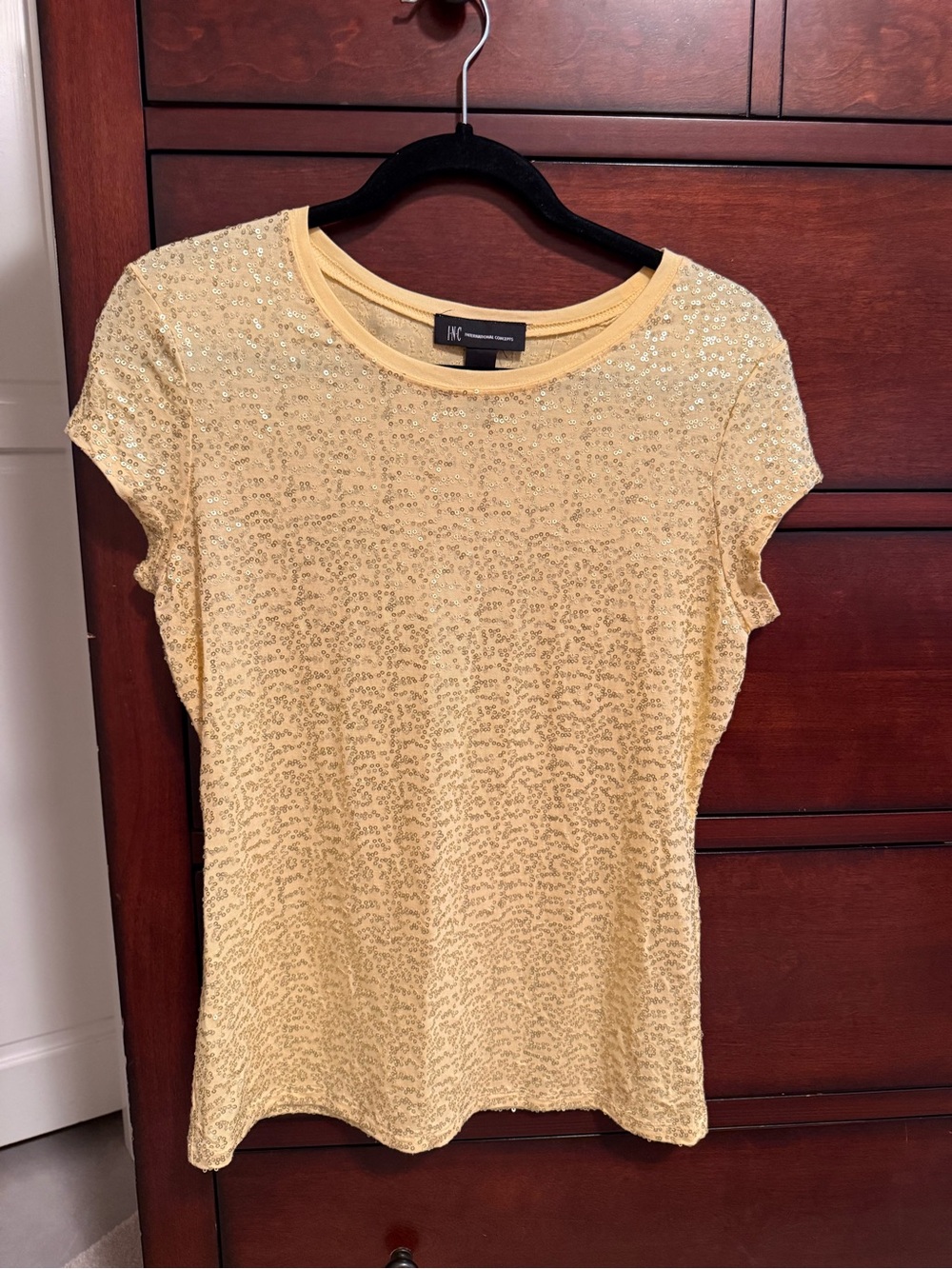 INC International Concepts Yellow Sequin Short Sleeve Tee